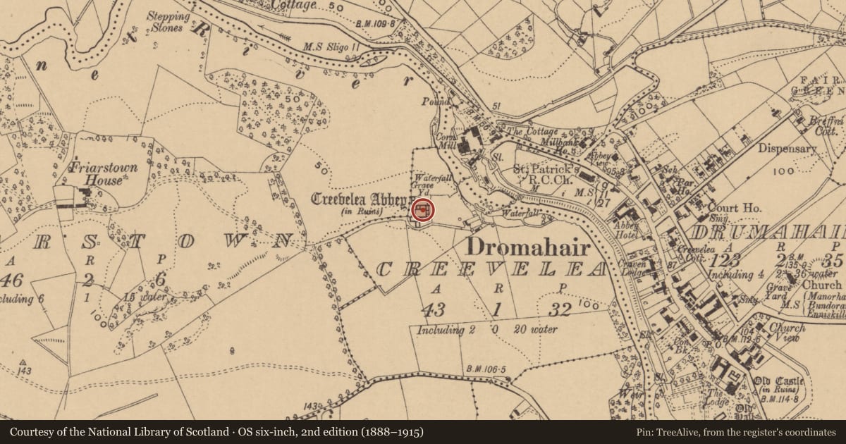 Ordnance Survey six-inch map, 2nd edition (1888–1915) covering the location of Graveyard, Creevelea, County Leitrim, with a pin at the register's coordinates