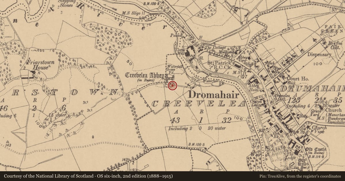 Ordnance Survey six-inch map, 2nd edition (1888–1915) covering the location of Tomb - unclassified, Creevelea, County Leitrim, with a pin at the register's coordinates