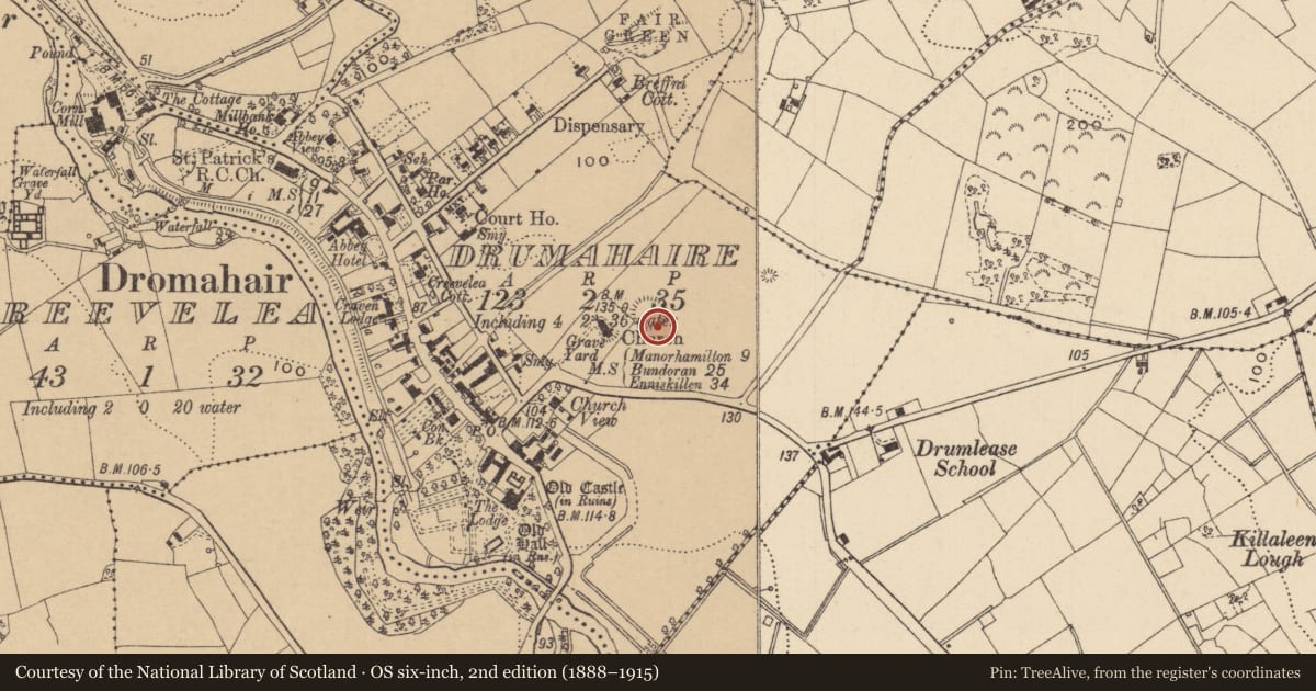 Ordnance Survey six-inch map, 2nd edition (1888–1915) covering the location of Ringfort - rath, Drumahaire, County Leitrim, with a pin at the register's coordinates