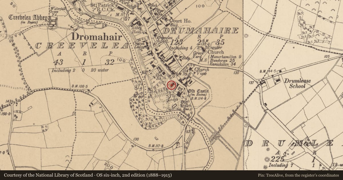 Ordnance Survey six-inch map, 2nd edition (1888–1915) covering the location of Standing stone, Drumahaire, County Leitrim, with a pin at the register's coordinates