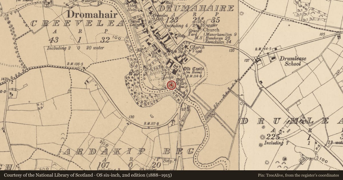 Ordnance Survey six-inch map, 2nd edition (1888–1915) covering the location of Castle - hall-house, Drumahaire, County Leitrim, with a pin at the register's coordinates
