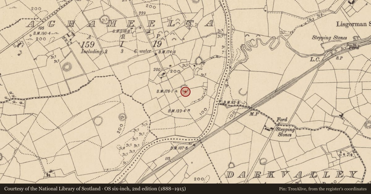 Ordnance Survey six-inch map, 2nd edition (1888–1915) covering the location of Ringfort - rath, Aghameelta, County Leitrim, with a pin at the register's coordinates
