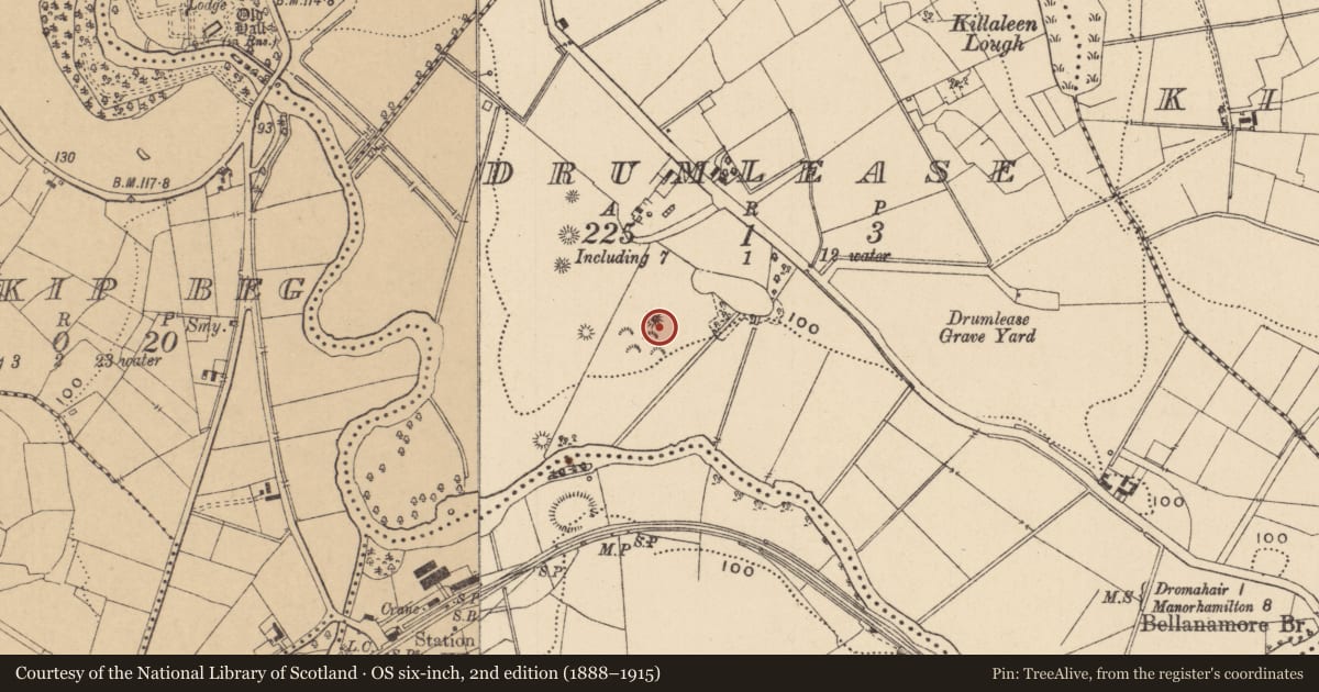 Ordnance Survey six-inch map, 2nd edition (1888–1915) covering the location of Enclosure, Drumlease, County Leitrim, with a pin at the register's coordinates