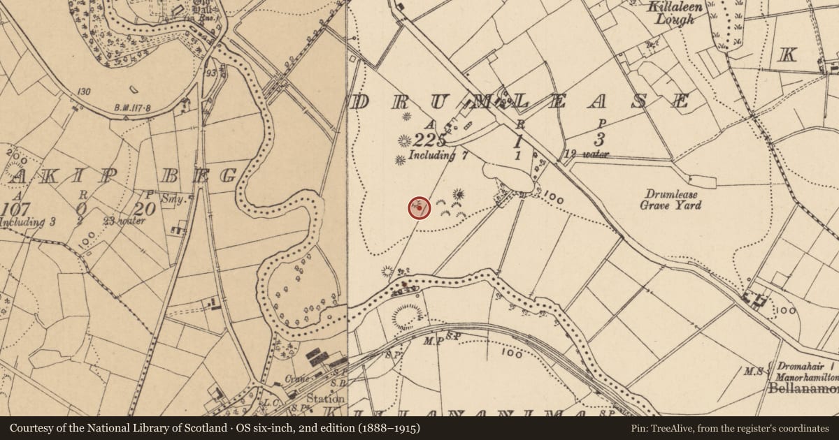 Ordnance Survey six-inch map, 2nd edition (1888–1915) covering the location of Enclosure, Drumlease, County Leitrim, with a pin at the register's coordinates