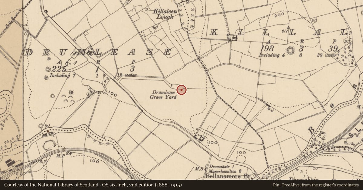 Ordnance Survey six-inch map, 2nd edition (1888–1915) covering the location of Church, Drumlease, County Leitrim, with a pin at the register's coordinates