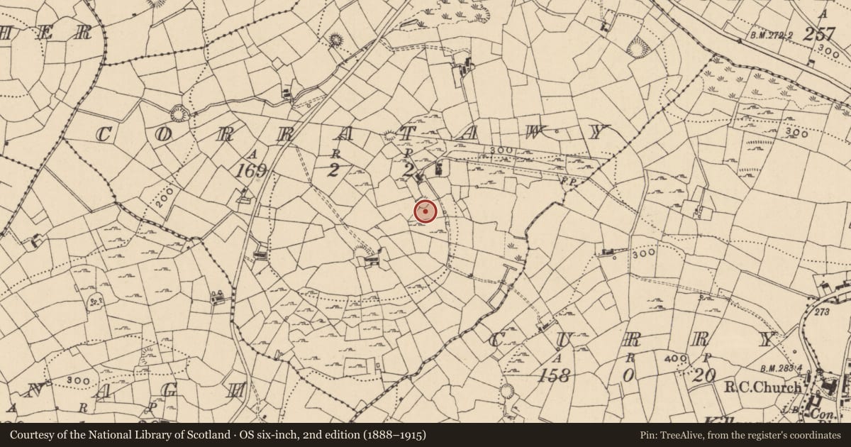 Ordnance Survey six-inch map, 2nd edition (1888–1915) covering the location of Ringfort - rath, Corratawy, County Leitrim, with a pin at the register's coordinates