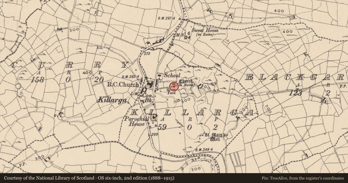 Ordnance Survey six-inch map, 2nd edition (1888–1915) covering the location of Church, Killarga, County Leitrim, with a pin at the register's coordinates