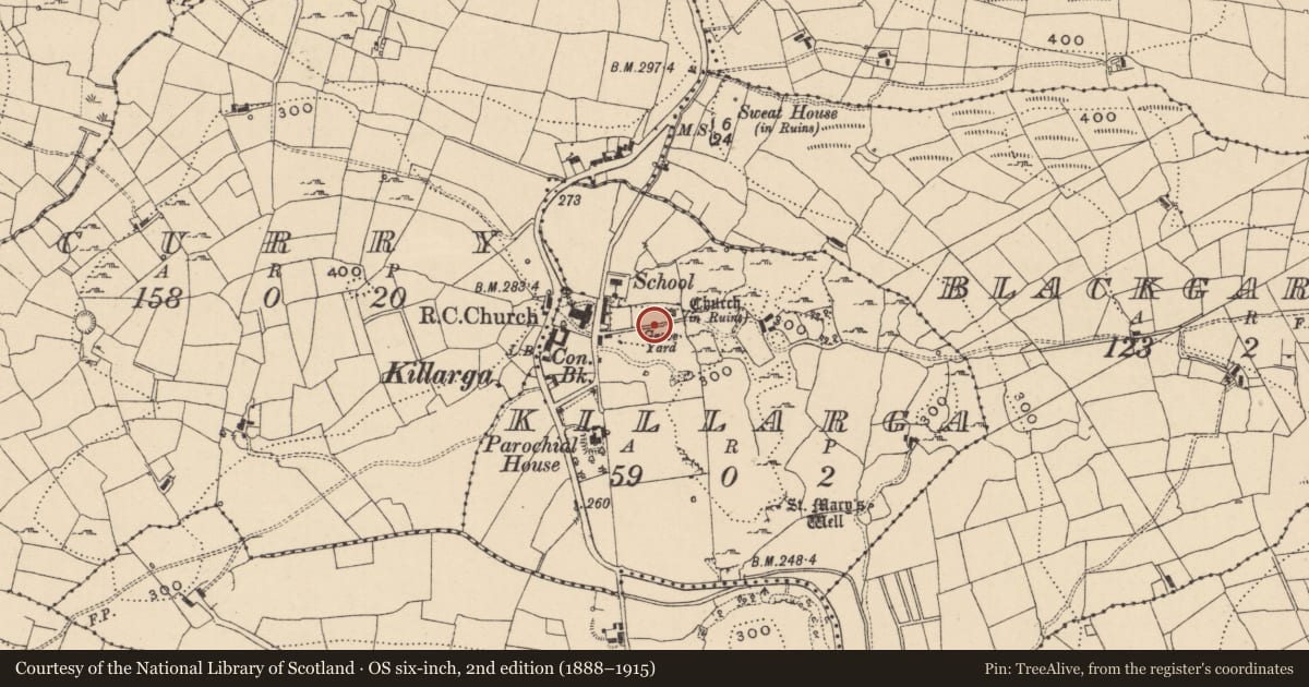 Ordnance Survey six-inch map, 2nd edition (1888–1915) covering the location of Graveyard, Killarga, County Leitrim, with a pin at the register's coordinates
