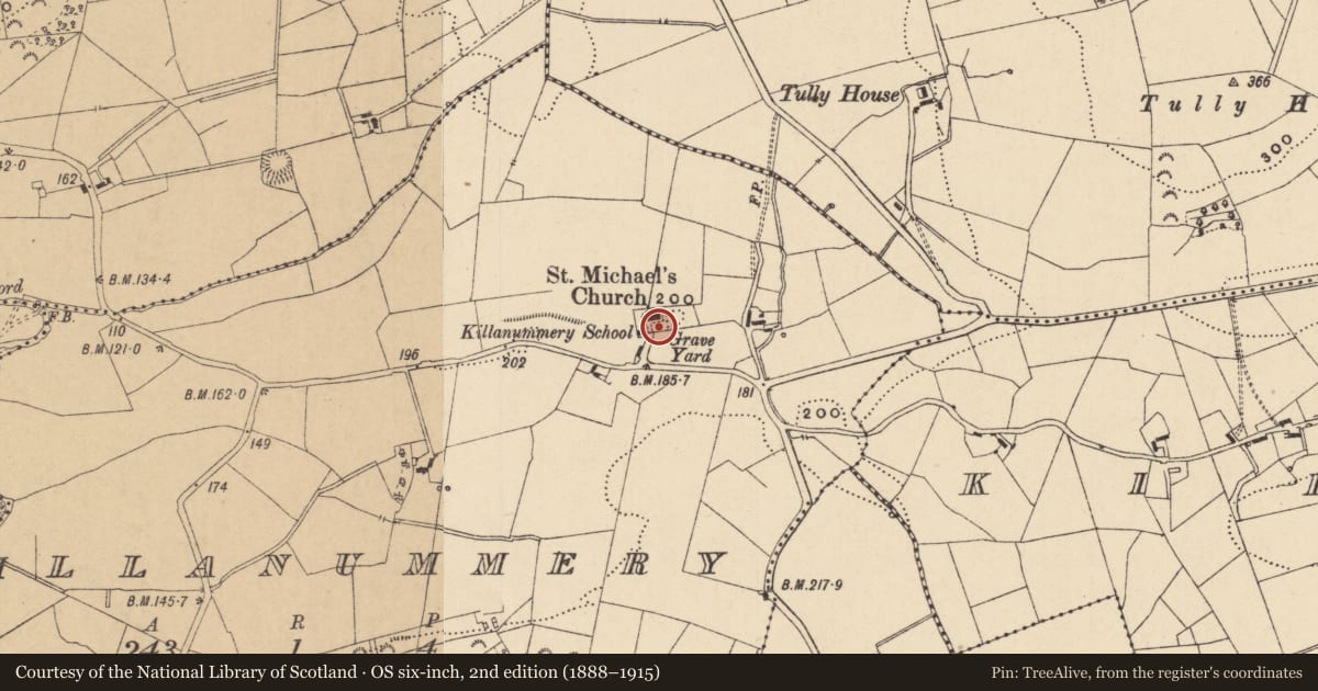 Ordnance Survey six-inch map, 2nd edition (1888–1915) covering the location of Church, Killanummery, County Leitrim, with a pin at the register's coordinates