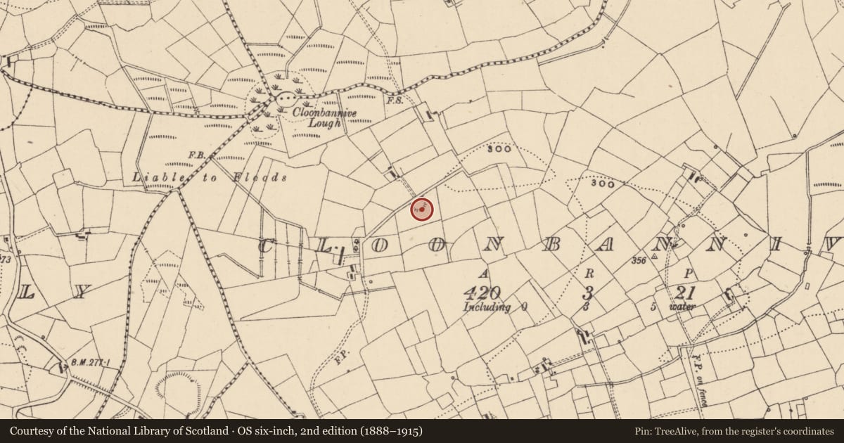 Ordnance Survey six-inch map, 2nd edition (1888–1915) covering the location of Ringfort - rath, Cloonbannive, County Leitrim, with a pin at the register's coordinates