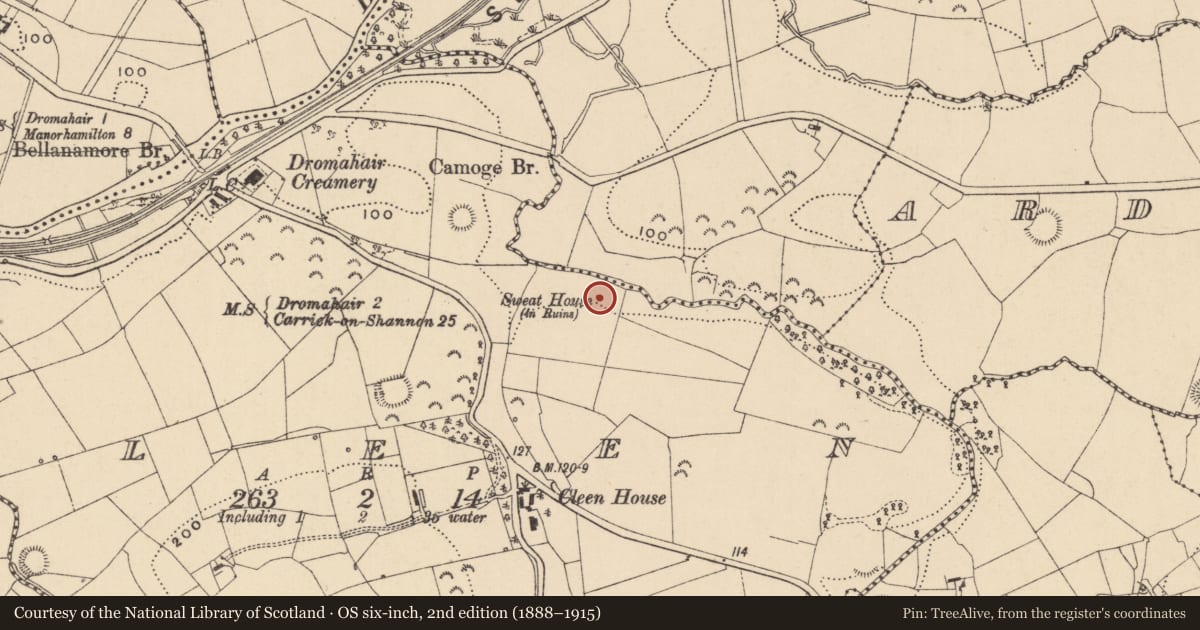Ordnance Survey six-inch map, 2nd edition (1888–1915) covering the location of Sweathouse, Cleen, County Leitrim, with a pin at the register's coordinates