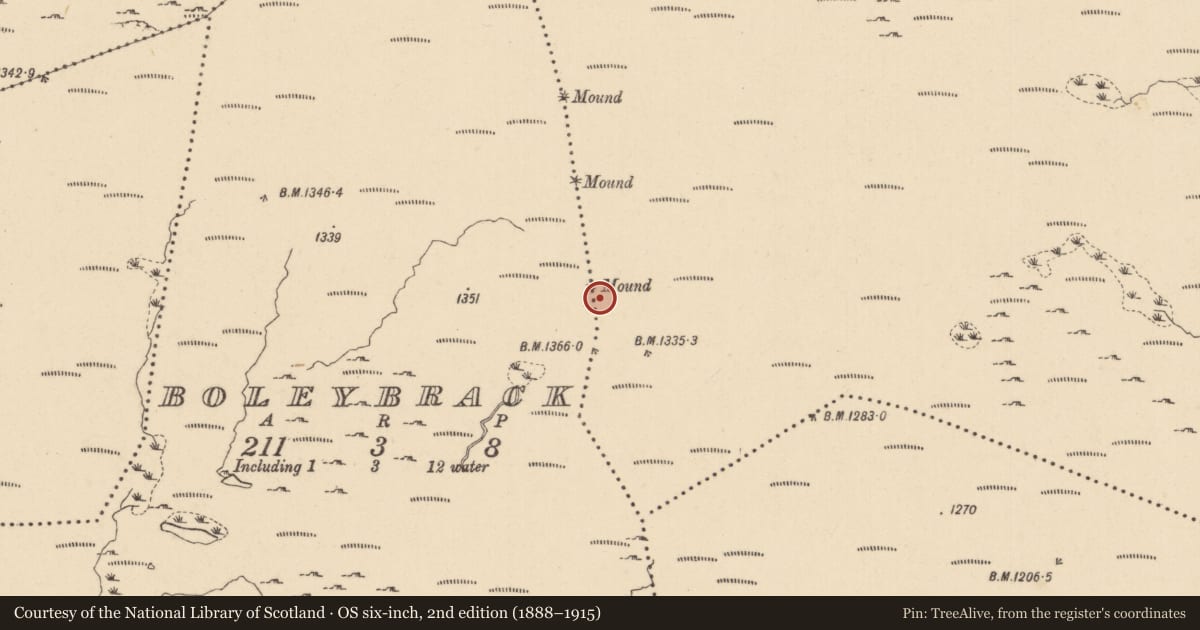 Ordnance Survey six-inch map, 2nd edition (1888–1915) covering the location of Cairn - boundary cairn, Boleybrack, Dergvone, County Leitrim, with a pin at the register's coordinates