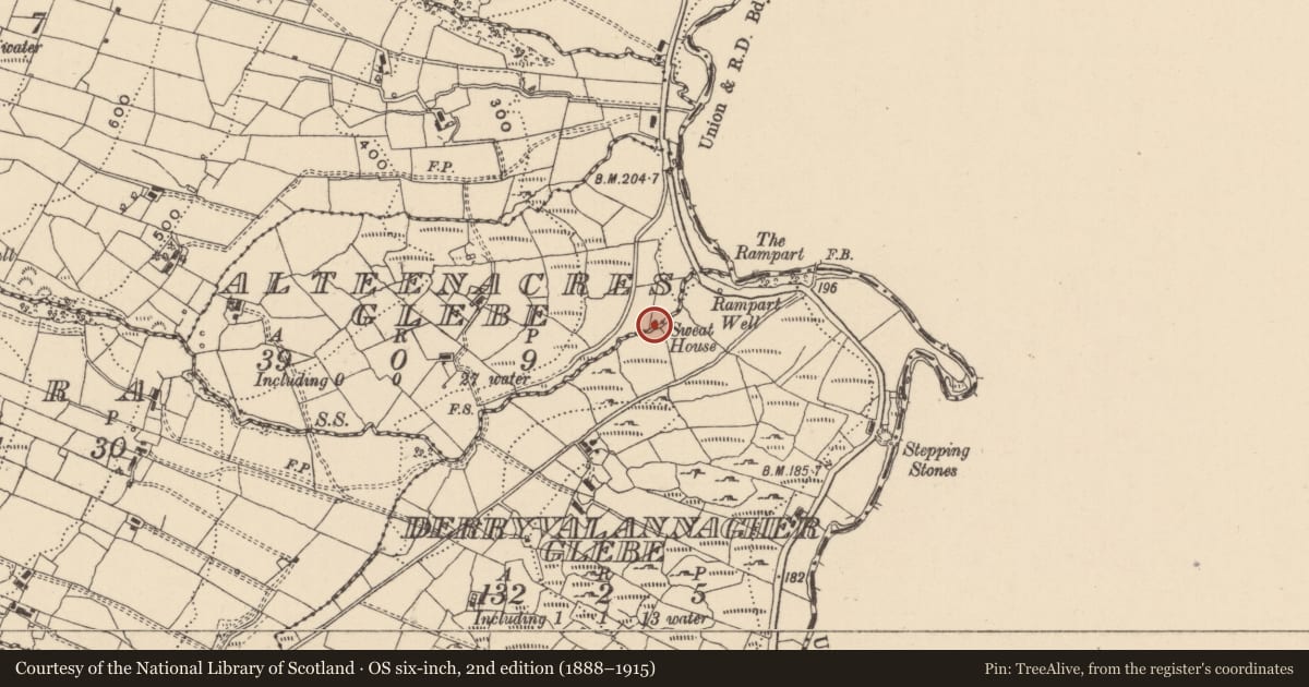 Ordnance Survey six-inch map, 2nd edition (1888–1915) covering the location of Sweathouse, Alteenacres Glebe, County Leitrim, with a pin at the register's coordinates