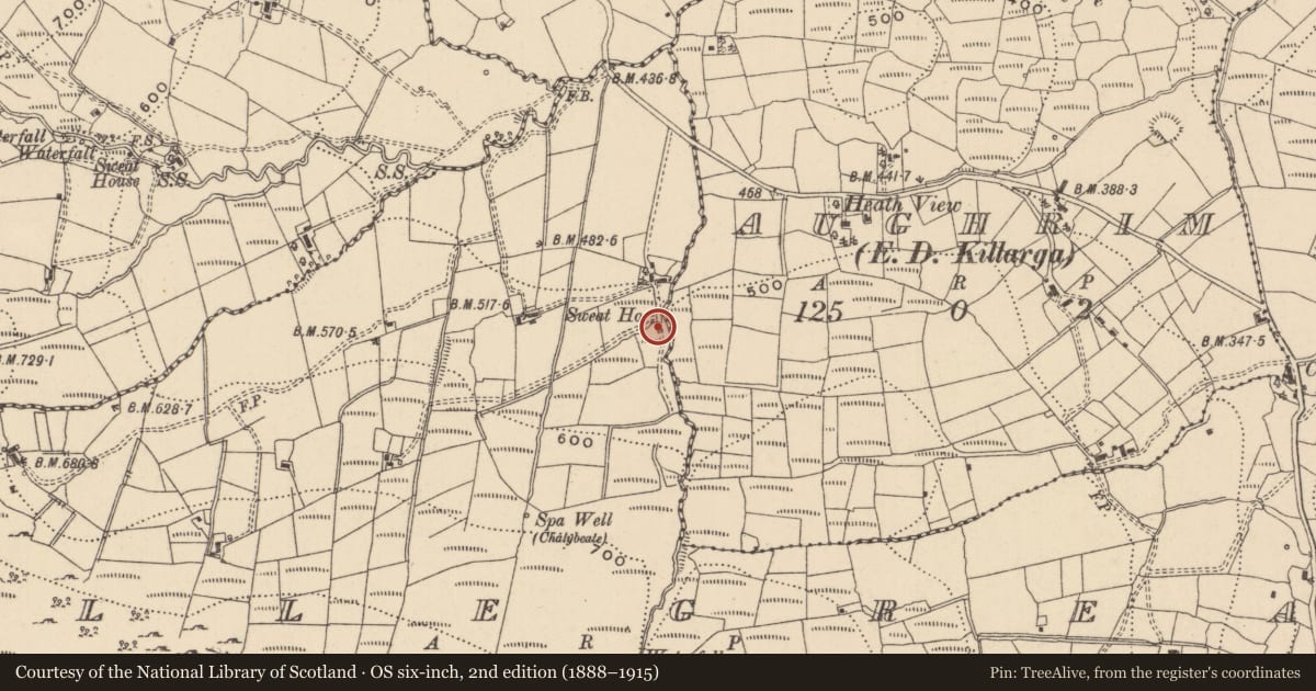 Ordnance Survey six-inch map, 2nd edition (1888–1915) covering the location of Sweathouse, Coollegreane, County Leitrim, with a pin at the register's coordinates