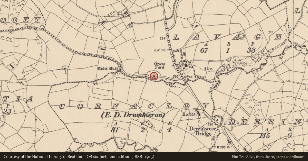 Ordnance Survey six-inch map, 2nd edition (1888–1915) covering the location of Burial ground, Derrinurn, County Leitrim, with a pin at the register's coordinates