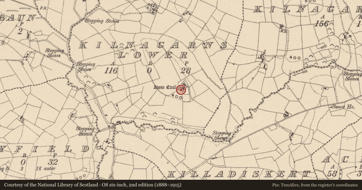 Ordnance Survey six-inch map, 2nd edition (1888–1915) covering the location of Megalithic tomb - court tomb, Kilnagarns Lower, County Leitrim, with a pin at the register's coordinates