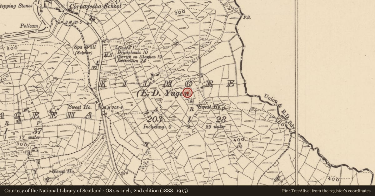 Ordnance Survey six-inch map, 2nd edition (1888–1915) covering the location of Ringfort - cashel, Kilmore, County Leitrim, with a pin at the register's coordinates