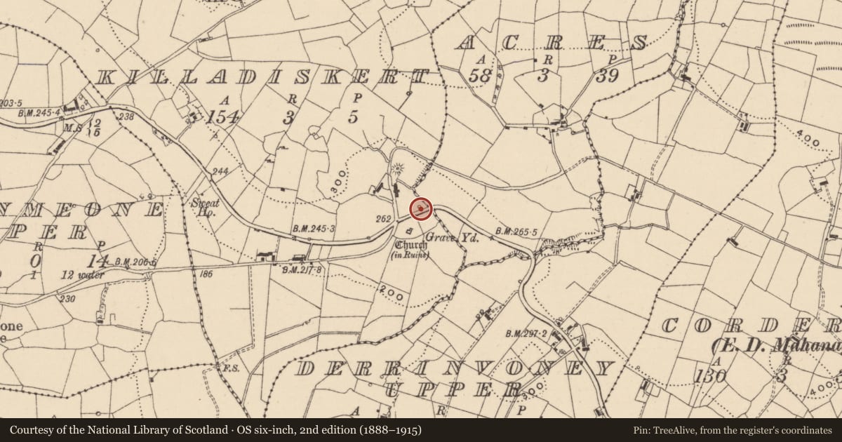 Ordnance Survey six-inch map, 2nd edition (1888–1915) covering the location of Ritual site - holy well, Killadiskert, County Leitrim, with a pin at the register's coordinates
