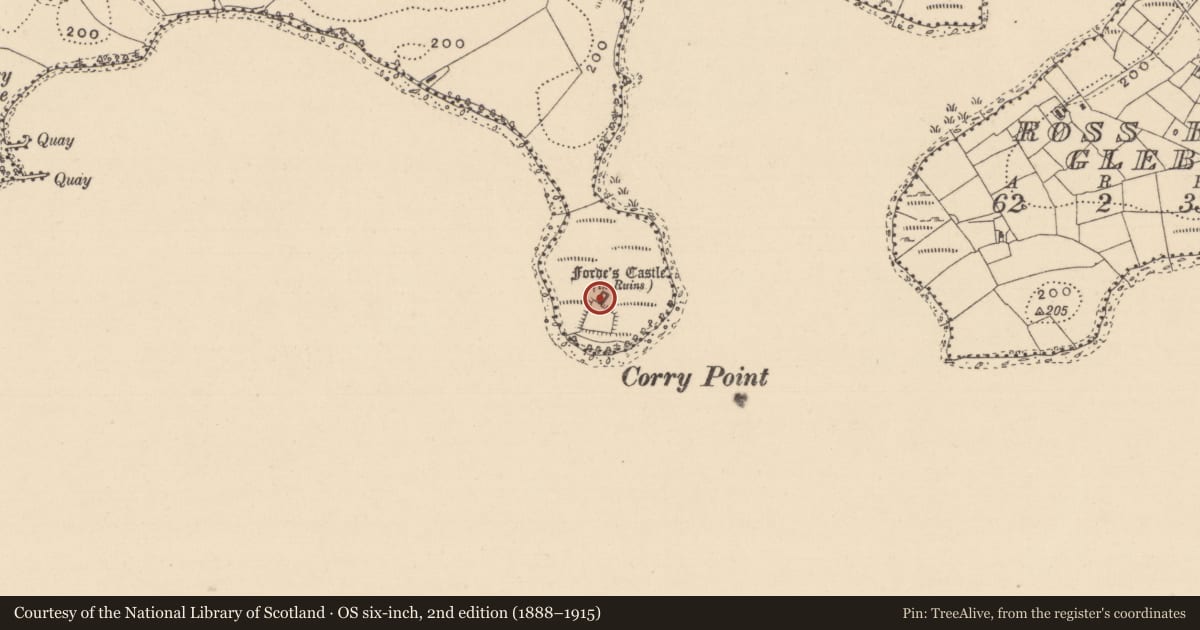 Ordnance Survey six-inch map, 2nd edition (1888–1915) covering the location of Castle - tower house, Corry, County Leitrim, with a pin at the register's coordinates