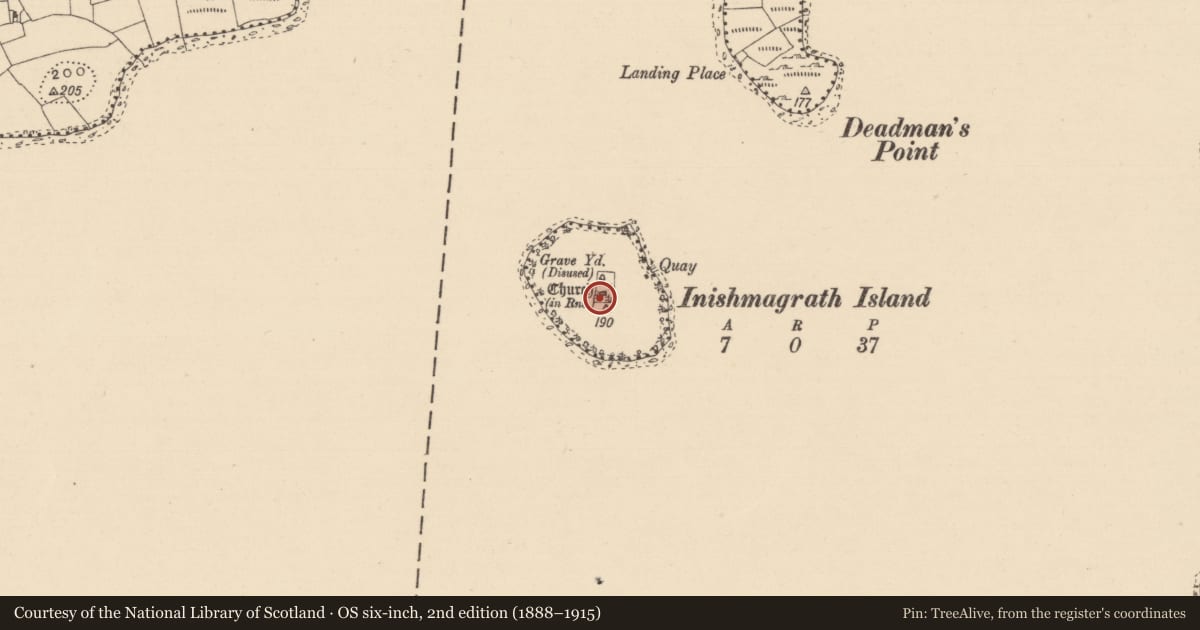 Ordnance Survey six-inch map, 2nd edition (1888–1915) covering the location of Church, Inishmagrath Island, County Leitrim, with a pin at the register's coordinates