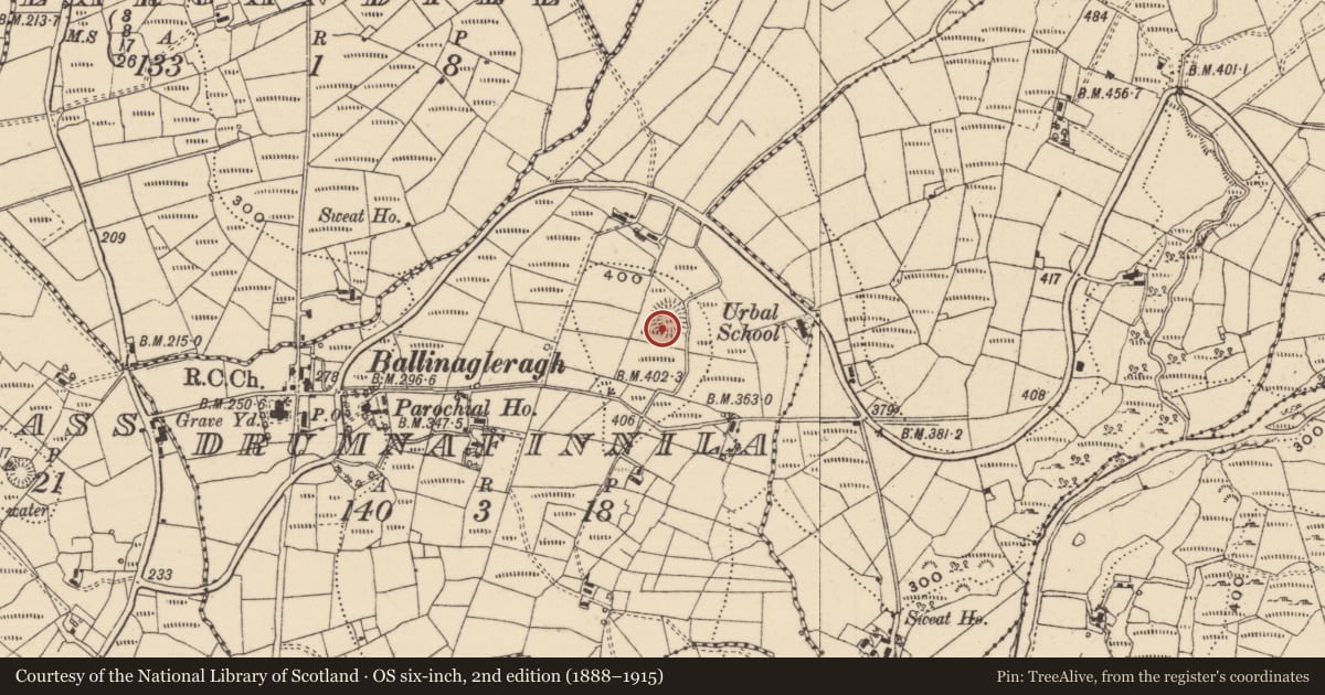 Ordnance Survey six-inch map, 2nd edition (1888–1915) covering the location of Ringfort - rath, Drumnafinnila, County Leitrim, with a pin at the register's coordinates