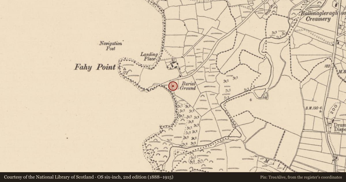 Ordnance Survey six-inch map, 2nd edition (1888–1915) covering the location of Church, Fahy, County Leitrim, with a pin at the register's coordinates