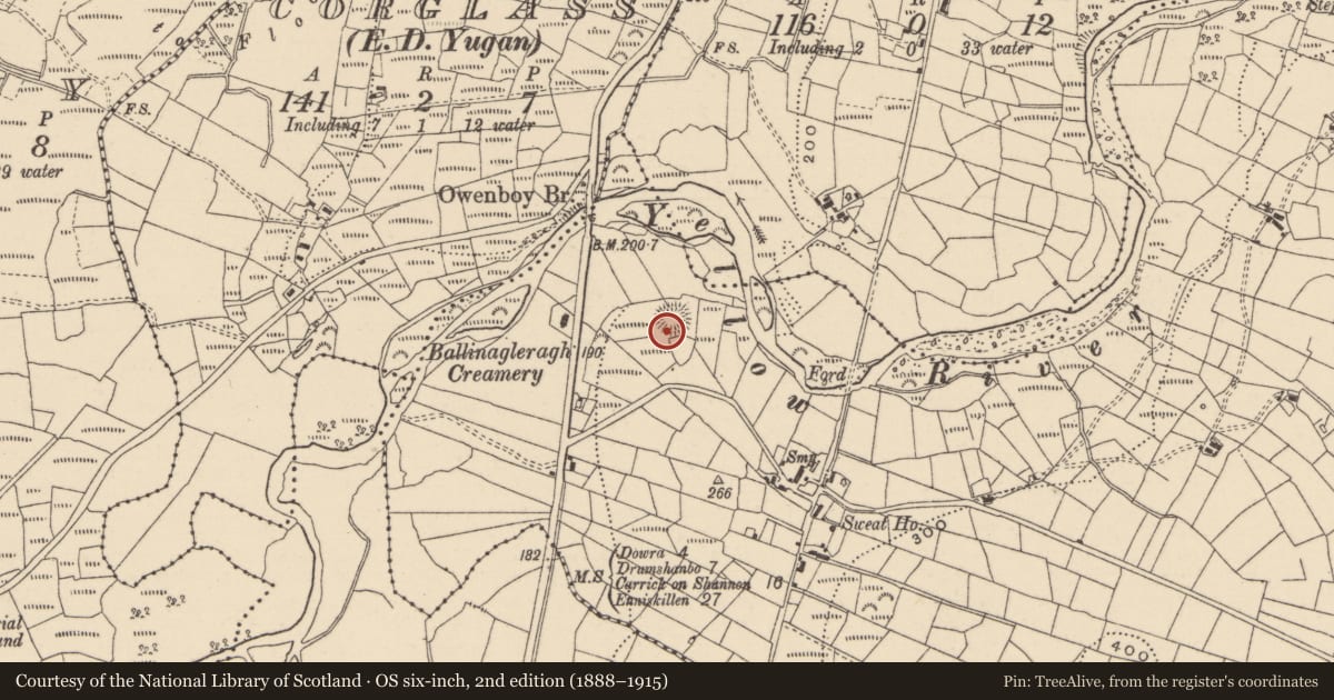 Ordnance Survey six-inch map, 2nd edition (1888–1915) covering the location of Ringfort - rath, Tullyveacan, County Leitrim, with a pin at the register's coordinates