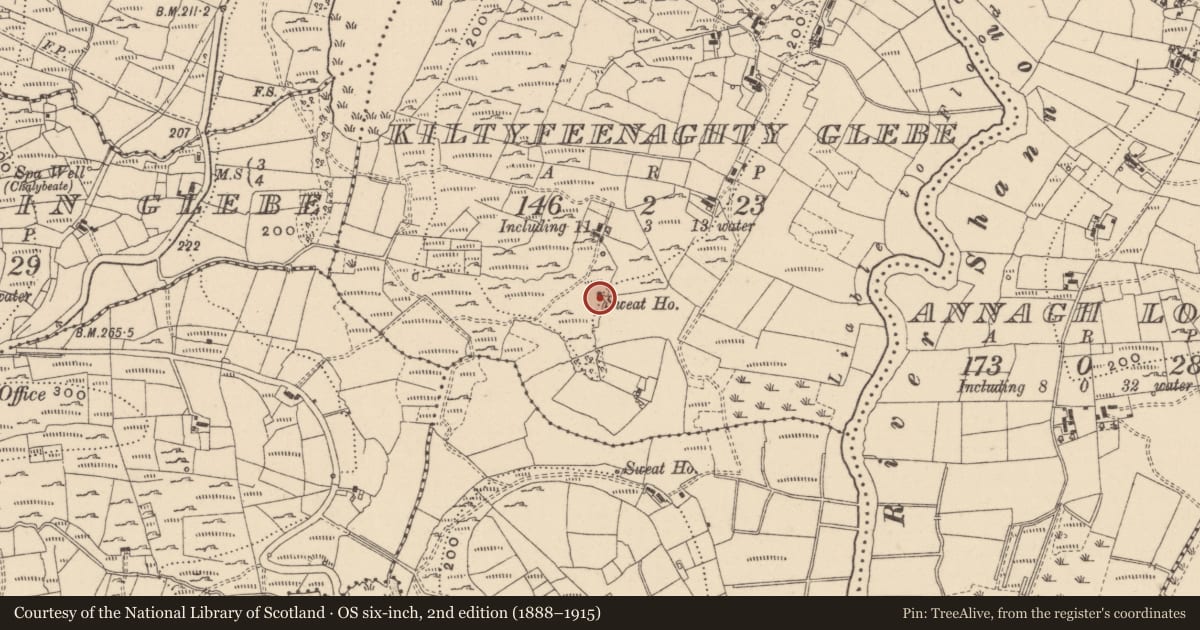 Ordnance Survey six-inch map, 2nd edition (1888–1915) covering the location of Sweathouse, Kiltyfeenaghty Glebe, County Leitrim, with a pin at the register's coordinates