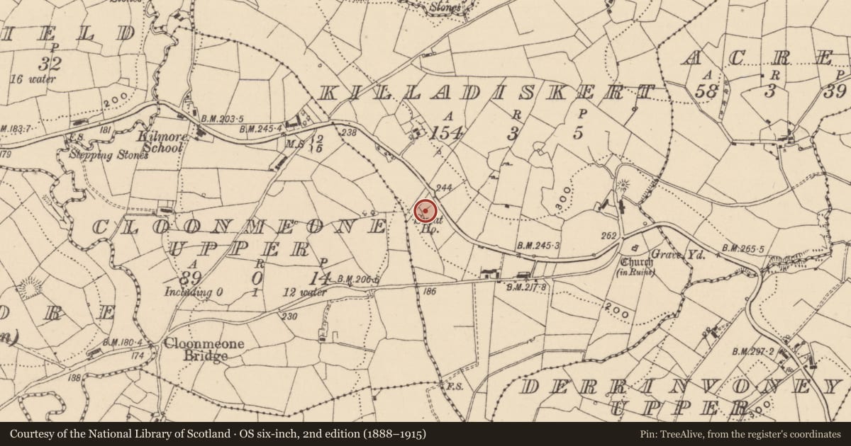 Ordnance Survey six-inch map, 2nd edition (1888–1915) covering the location of Sweathouse, Killadiskert, County Leitrim, with a pin at the register's coordinates