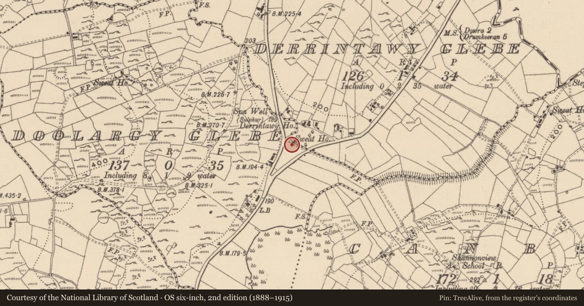 Ordnance Survey six-inch map, 2nd edition (1888–1915) covering the location of Sweathouse, Doolargy Glebe, County Leitrim, with a pin at the register's coordinates