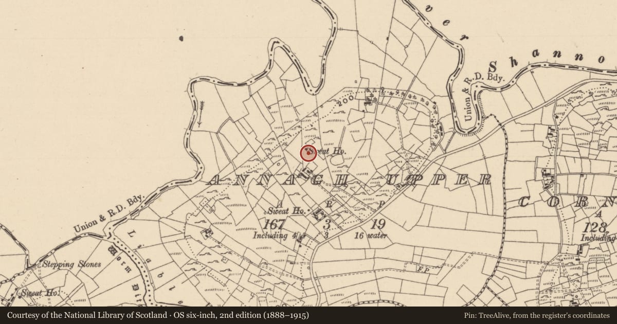 Ordnance Survey six-inch map, 2nd edition (1888–1915) covering the location of Sweathouse, Annagh Upper, County Leitrim, with a pin at the register's coordinates