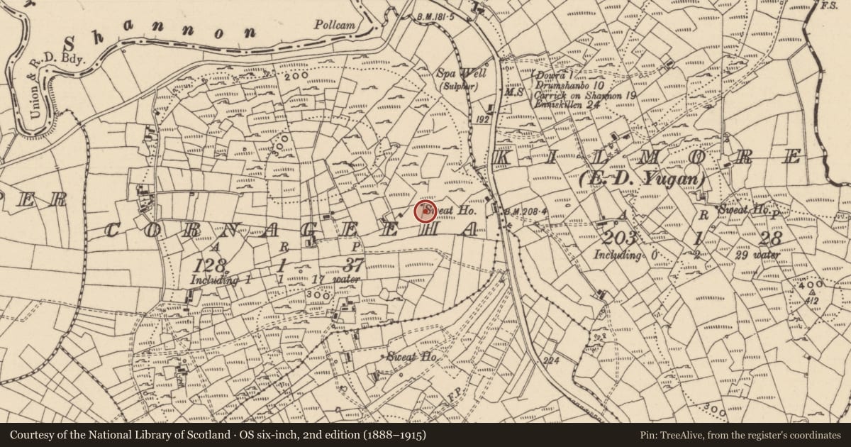 Ordnance Survey six-inch map, 2nd edition (1888–1915) covering the location of Sweathouse, Cornageeha, County Leitrim, with a pin at the register's coordinates