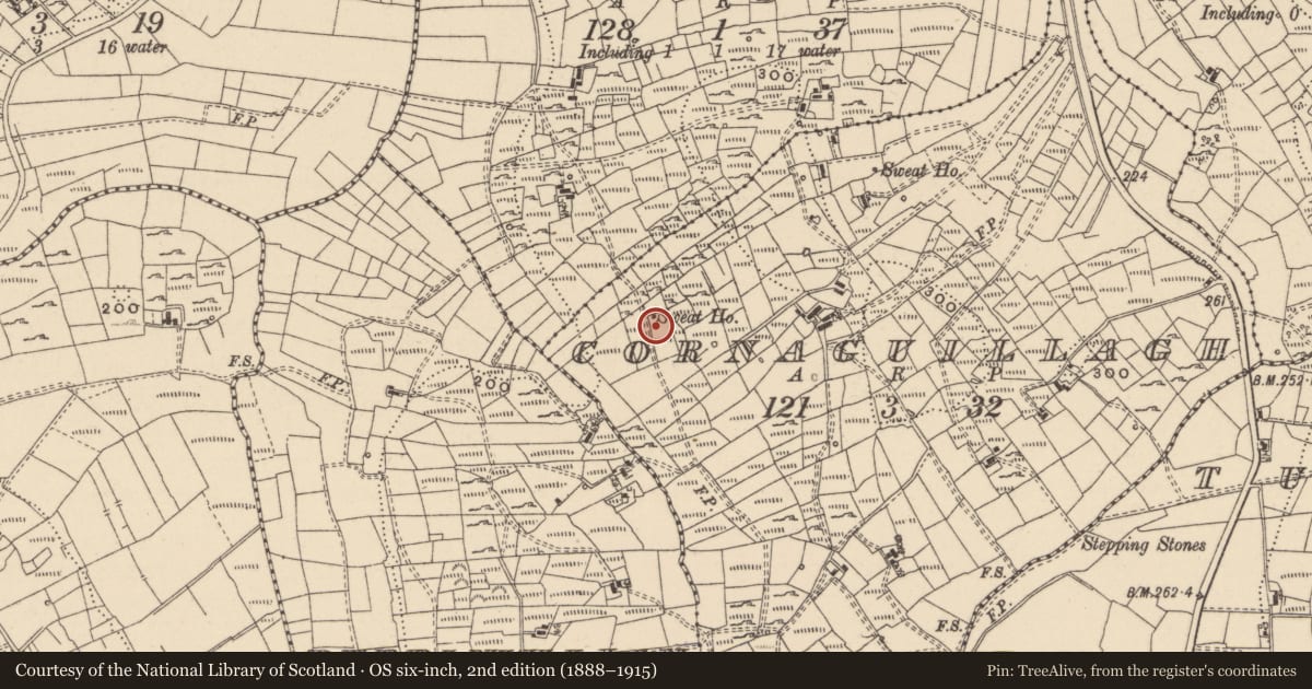 Ordnance Survey six-inch map, 2nd edition (1888–1915) covering the location of Sweathouse, Cornaguillagh, County Leitrim, with a pin at the register's coordinates