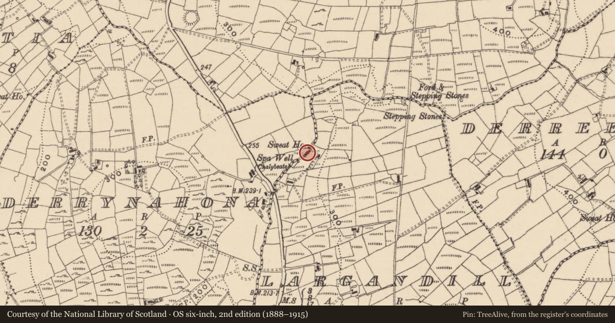 Ordnance Survey six-inch map, 2nd edition (1888–1915) covering the location of Sweathouse, Derrynahona, County Leitrim, with a pin at the register's coordinates