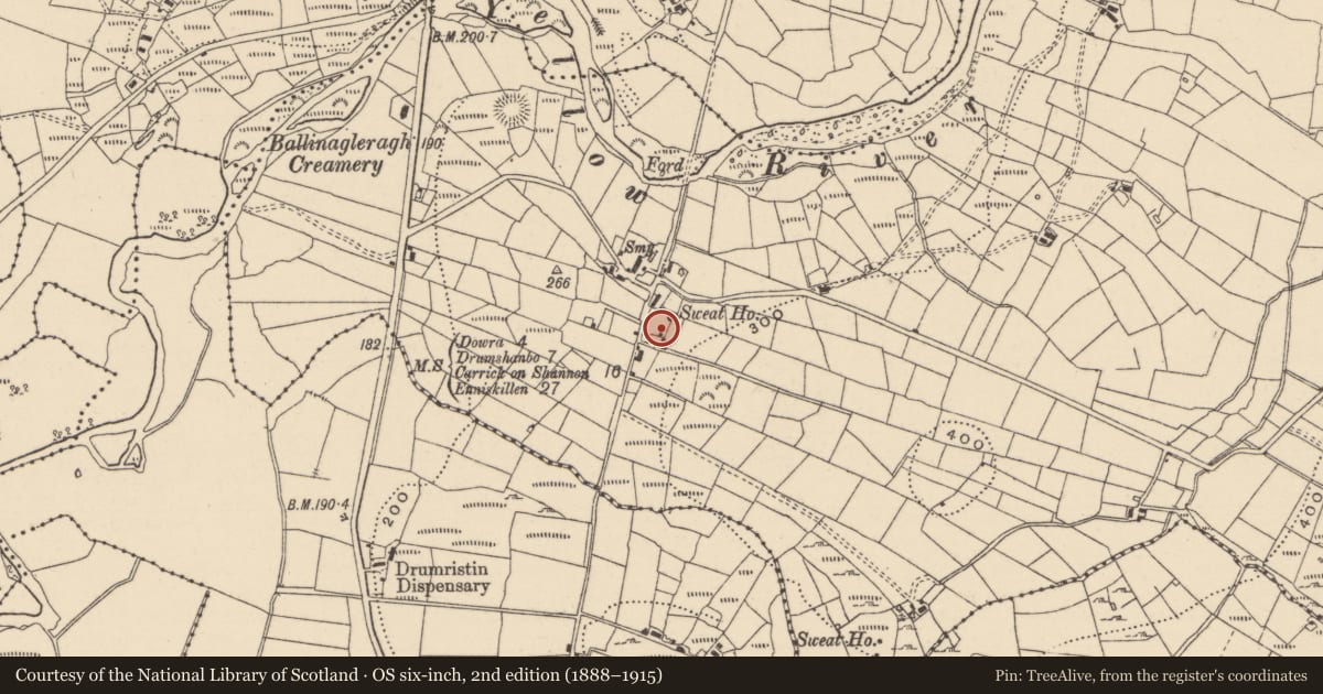 Ordnance Survey six-inch map, 2nd edition (1888–1915) covering the location of Sweathouse, Tullyveacan, County Leitrim, with a pin at the register's coordinates