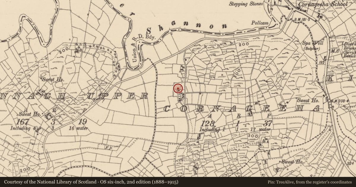 Ordnance Survey six-inch map, 2nd edition (1888–1915) covering the location of Sweathouse, Cornageeha, County Leitrim, with a pin at the register's coordinates