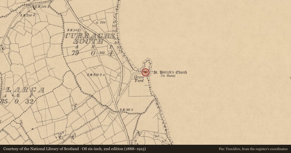 Ordnance Survey six-inch map, 2nd edition (1888–1915) covering the location of Church, Curraghs South, County Leitrim, with a pin at the register's coordinates