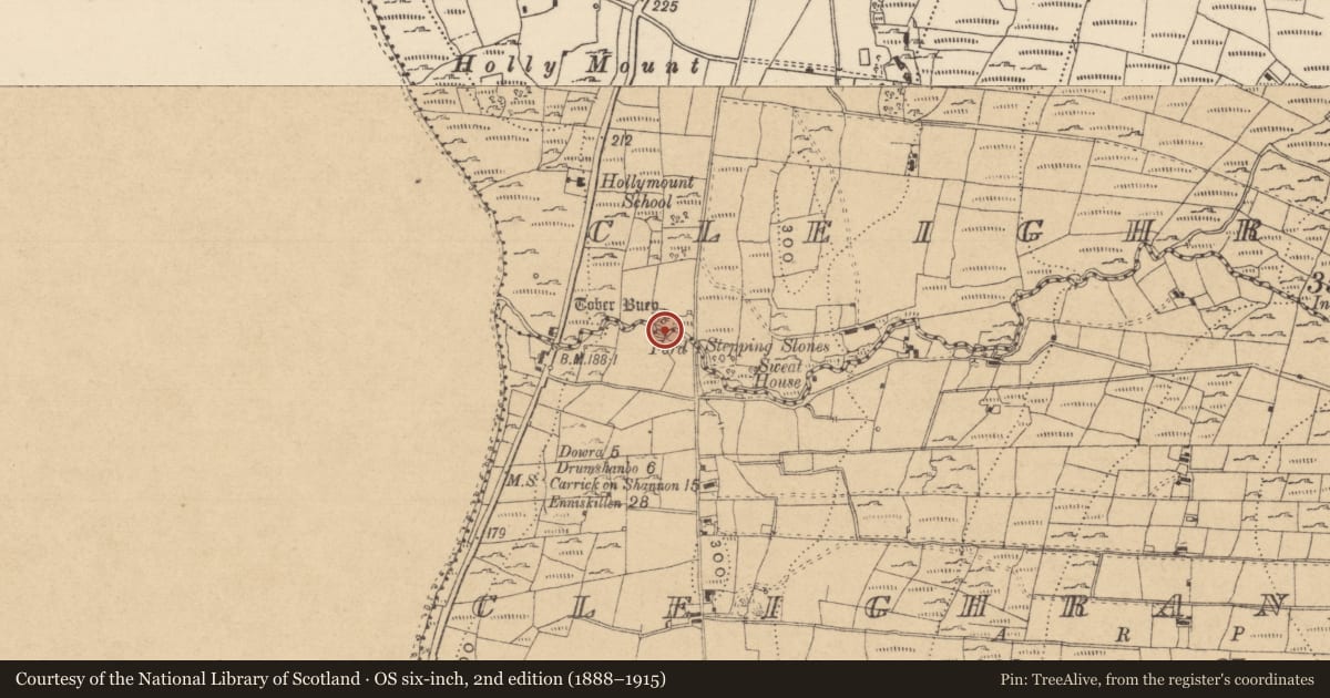 Ordnance Survey six-inch map, 2nd edition (1888–1915) covering the location of Ritual site - holy well, Cleighran Beg, County Leitrim, with a pin at the register's coordinates