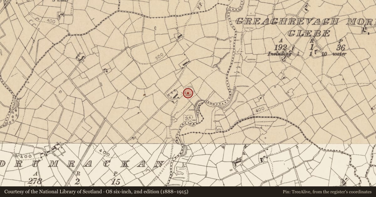 Ordnance Survey six-inch map, 2nd edition (1888–1915) covering the location of Ringfort - rath, Drumrackan, County Leitrim, with a pin at the register's coordinates