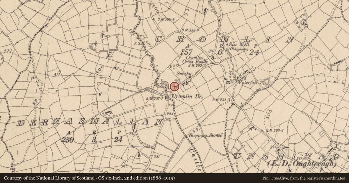 Ordnance Survey six-inch map, 2nd edition (1888–1915) covering the location of Cliff-edge fort, Cromlin, County Leitrim, with a pin at the register's coordinates