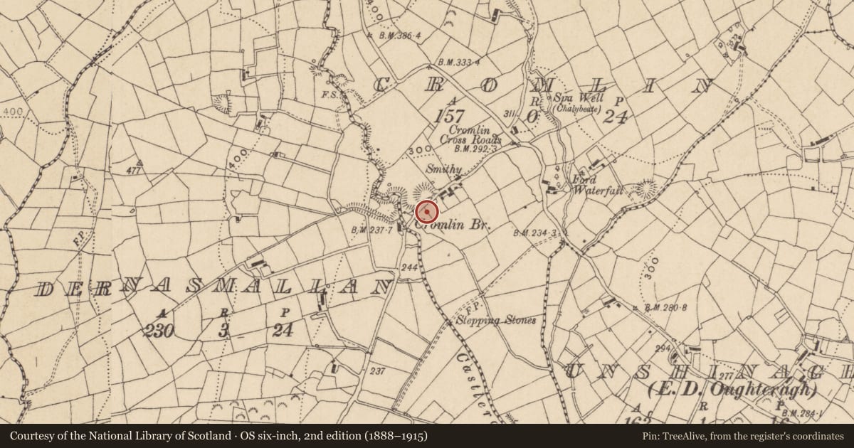 Ordnance Survey six-inch map, 2nd edition (1888–1915) covering the location of Ritual site - holy well, Cromlin, County Leitrim, with a pin at the register's coordinates