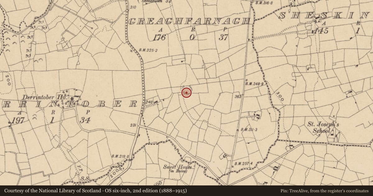 Ordnance Survey six-inch map, 2nd edition (1888–1915) covering the location of Ringfort - rath, Greaghfarnagh, County Leitrim, with a pin at the register's coordinates