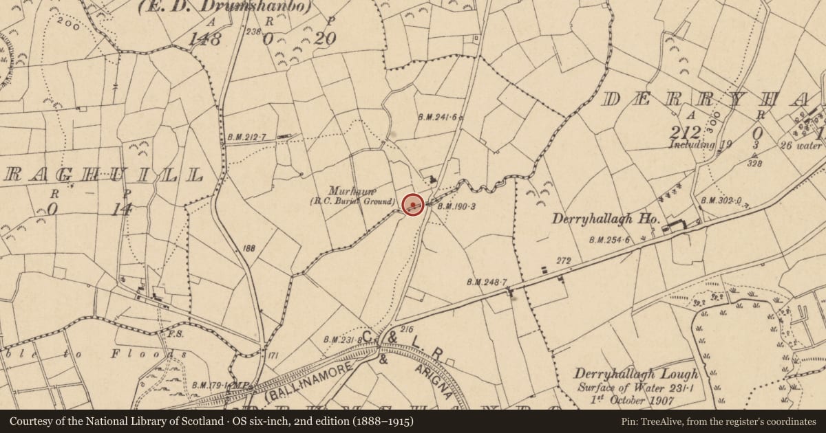 Ordnance Survey six-inch map, 2nd edition (1888–1915) covering the location of Church, Corlough, County Leitrim, with a pin at the register's coordinates