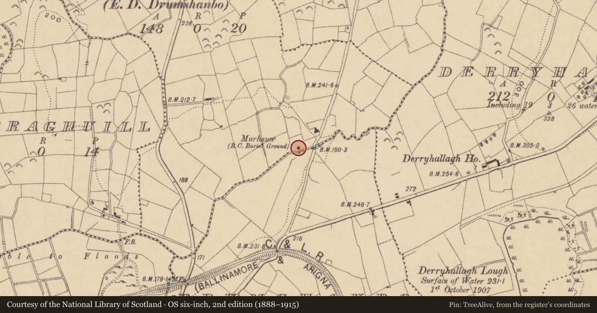 Ordnance Survey six-inch map, 2nd edition (1888–1915) covering the location of Graveyard, Corlough, County Leitrim, with a pin at the register's coordinates