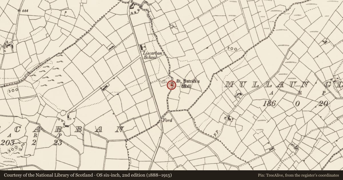 Ordnance Survey six-inch map, 2nd edition (1888–1915) covering the location of Ritual site - holy well, Bunrevagh, County Leitrim, with a pin at the register's coordinates