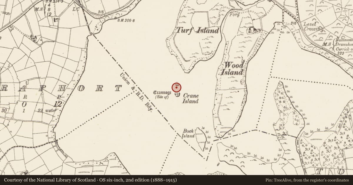 Ordnance Survey six-inch map, 2nd edition (1888–1915) covering the location of Crannog, Kiltybardan, County Leitrim, with a pin at the register's coordinates
