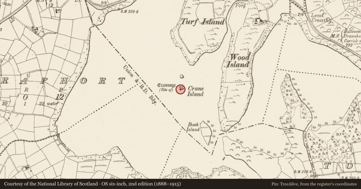 Ordnance Survey six-inch map, 2nd edition (1888–1915) covering the location of Crannog, Kiltybardan, County Leitrim, with a pin at the register's coordinates