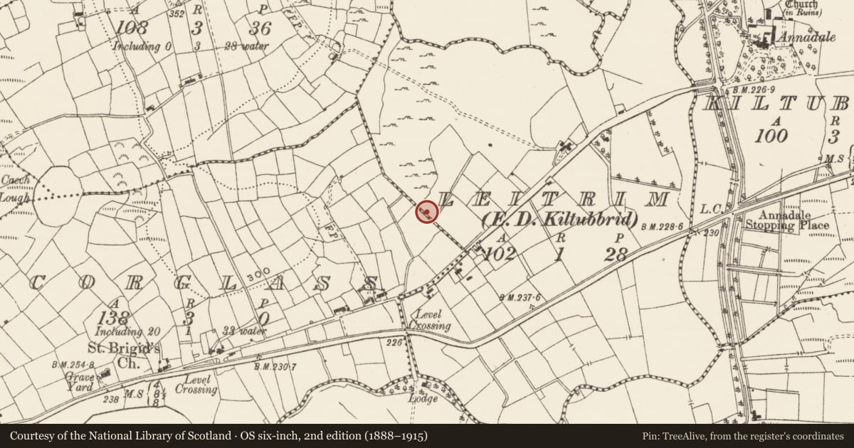 Ordnance Survey six-inch map, 2nd edition (1888–1915) covering the location of Mound, Leitrim, with a pin at the register's coordinates