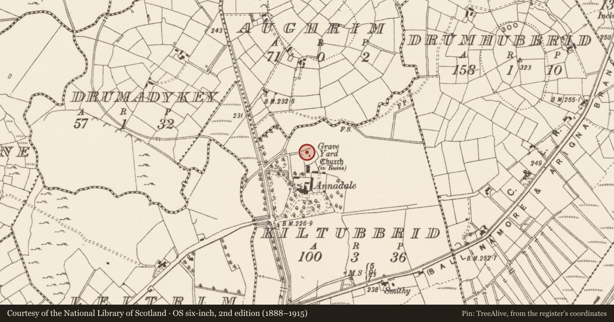 Ordnance Survey six-inch map, 2nd edition (1888–1915) covering the location of Cross-slab, Kiltubbrid, County Leitrim, with a pin at the register's coordinates