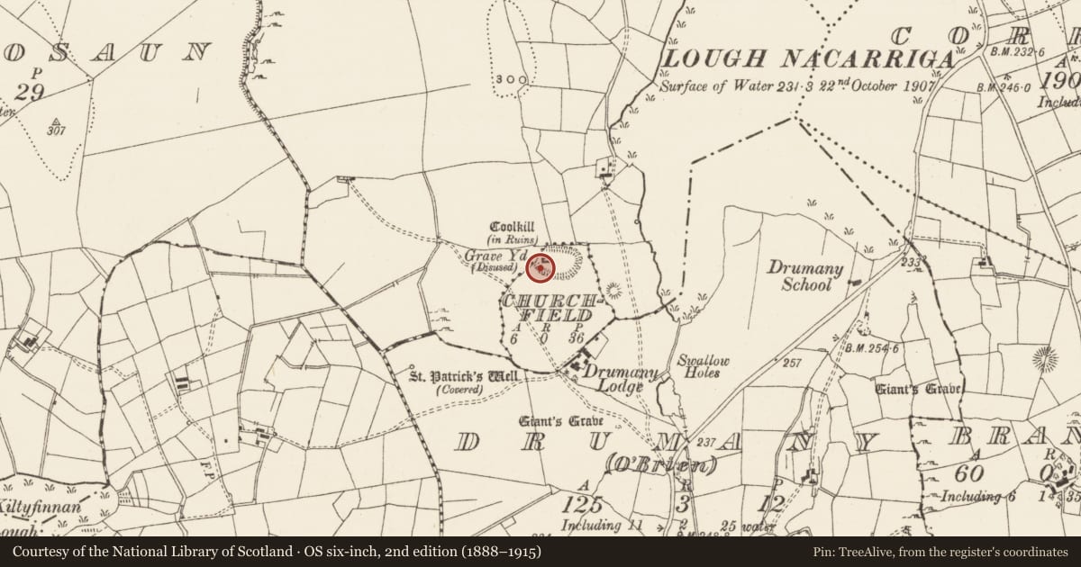 Ordnance Survey six-inch map, 2nd edition (1888–1915) covering the location of Church, Churchfield, County Leitrim, with a pin at the register's coordinates